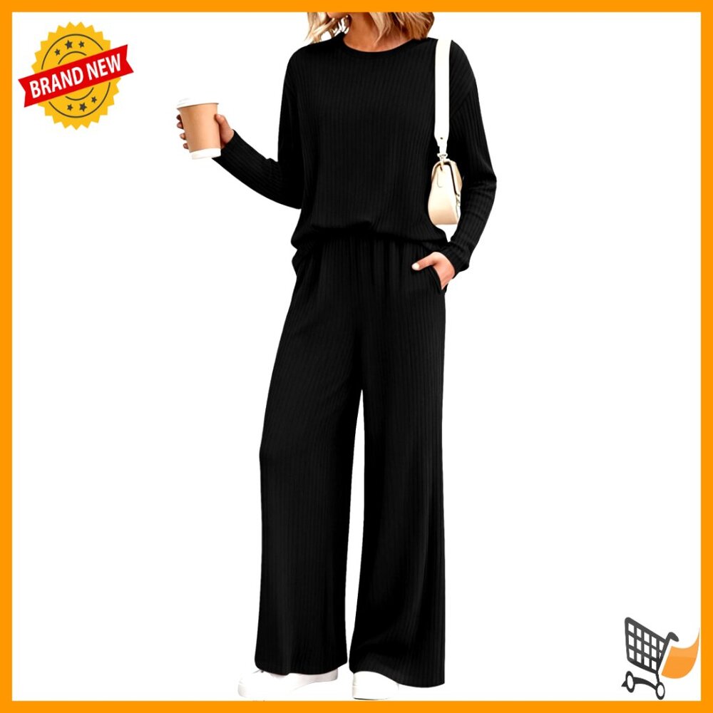 Oversized Ribbed Knit Lounge Set Wide Leg Pants Two Piece Comfort Travel Chic